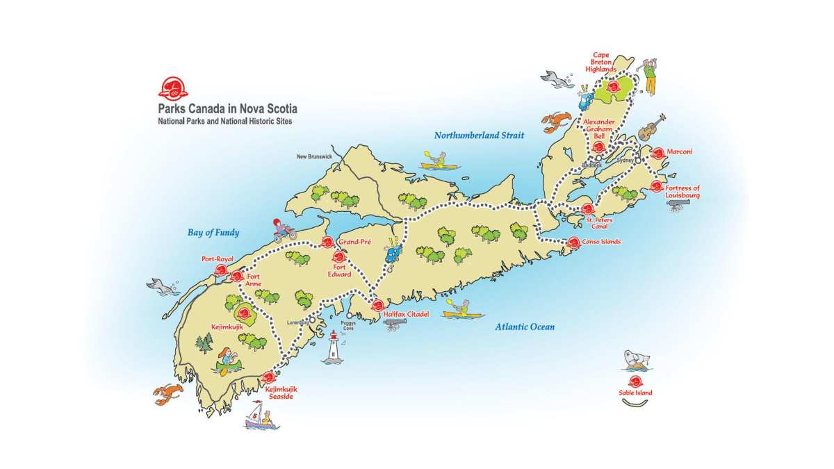 Map of Nova Scotia showing park sites